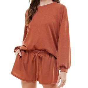 Women's Two Piece Outfits Pajama Long Sleeve Shirt and Shorts Pant Lounge_Rust